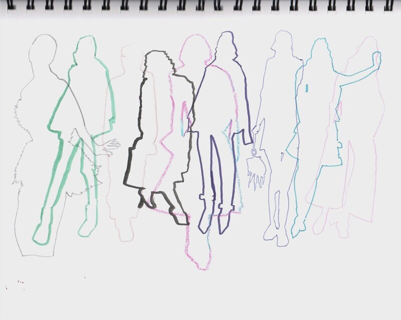 Overlapping silhouette drawings of people in various fashion poses.