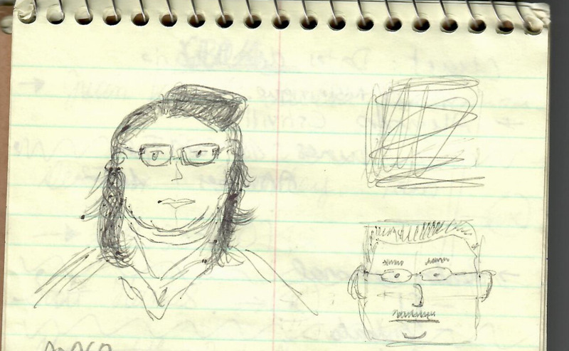 Sketch of two people's faces (one man and one woman) drawn during a meeting. Portrayed subjects: E.S. and M.M.