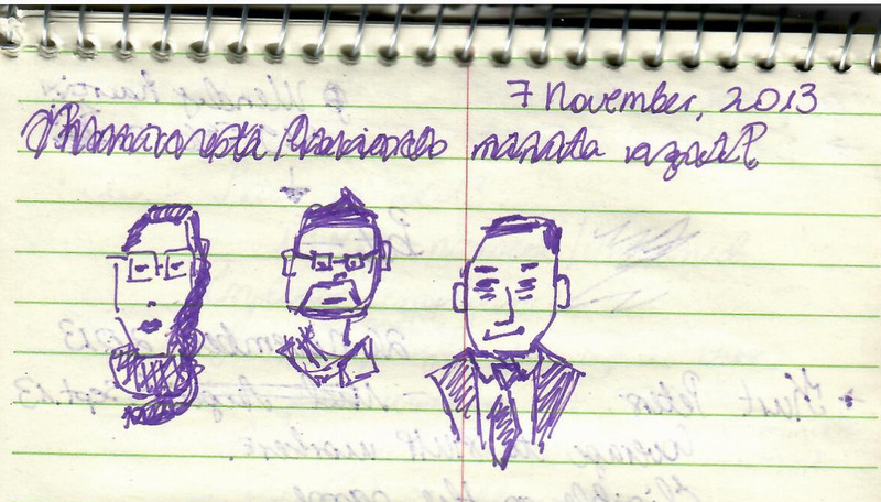 Sketch of three people (two men, one woman), made during a meeting.