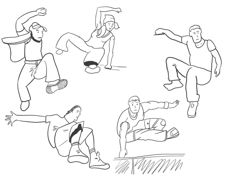 Sketches of five people in various parkour poses. Drawn as part of an online course on illustrating odd body shapes.