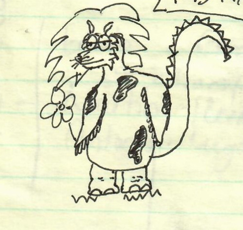 Drawing of a cartoon creature with lion head, winged body with cow spots, dinosaur tail, and elephant feet, holding a flower. (c.a. 2009-2010)