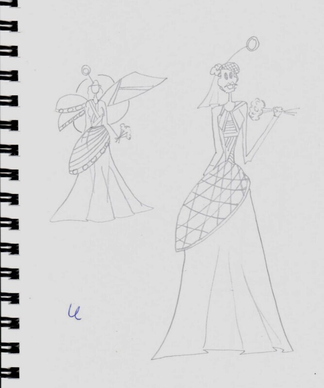 Two sketches of avantgarde wedding dresses on cartoon mannekin figures.