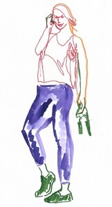 Drawing of a person standing, right hand to ear as if holding a phone, left hand holding another object.